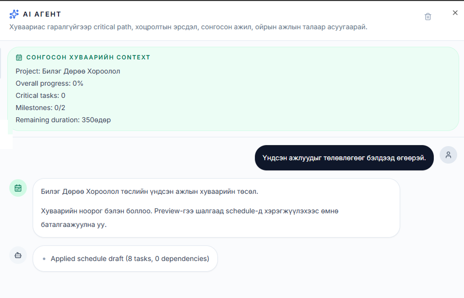 Planning agent drafting a schedule inside BuildManage